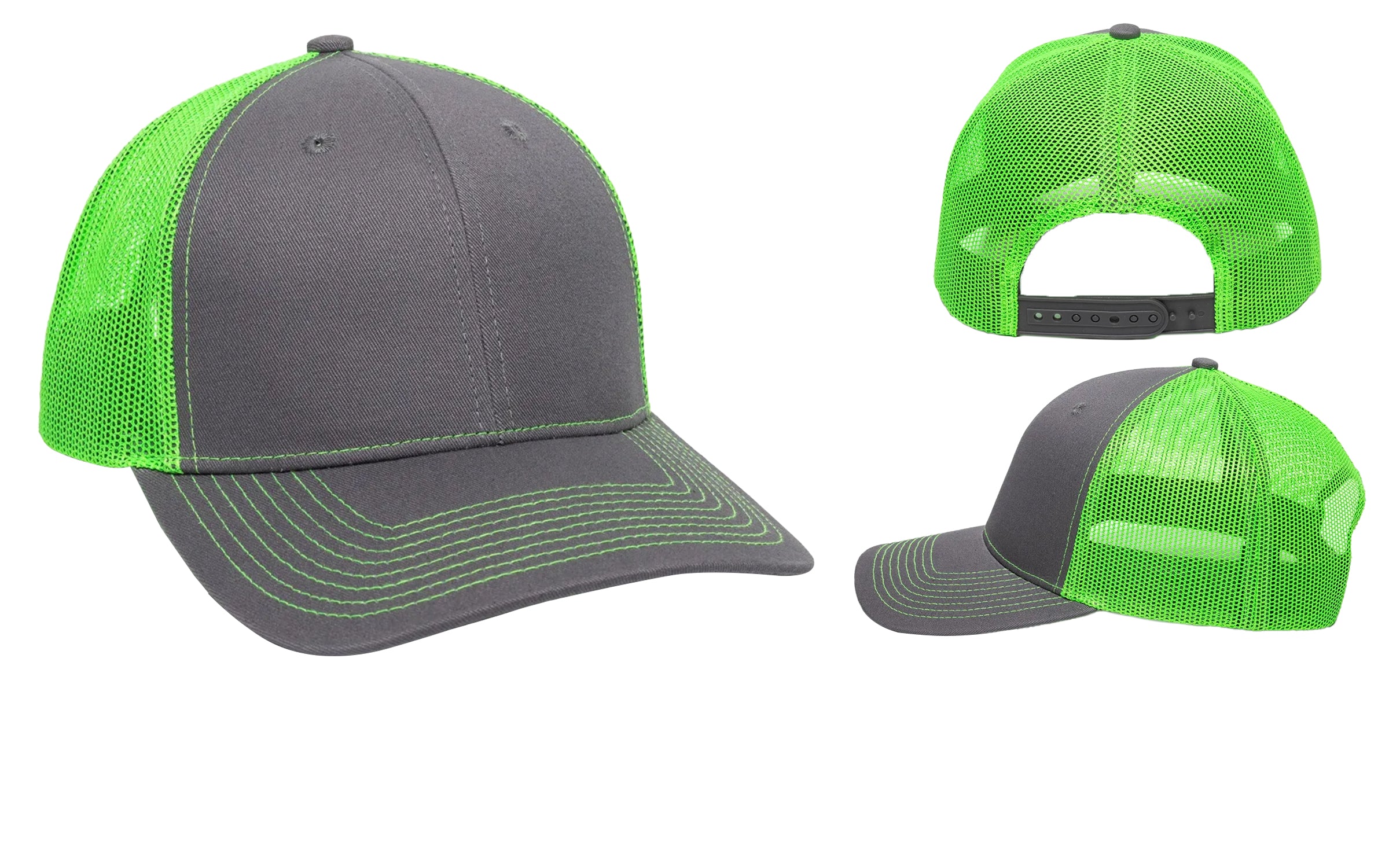 Front side and back view of the Outdoor cap OC771 in charcoal neon green