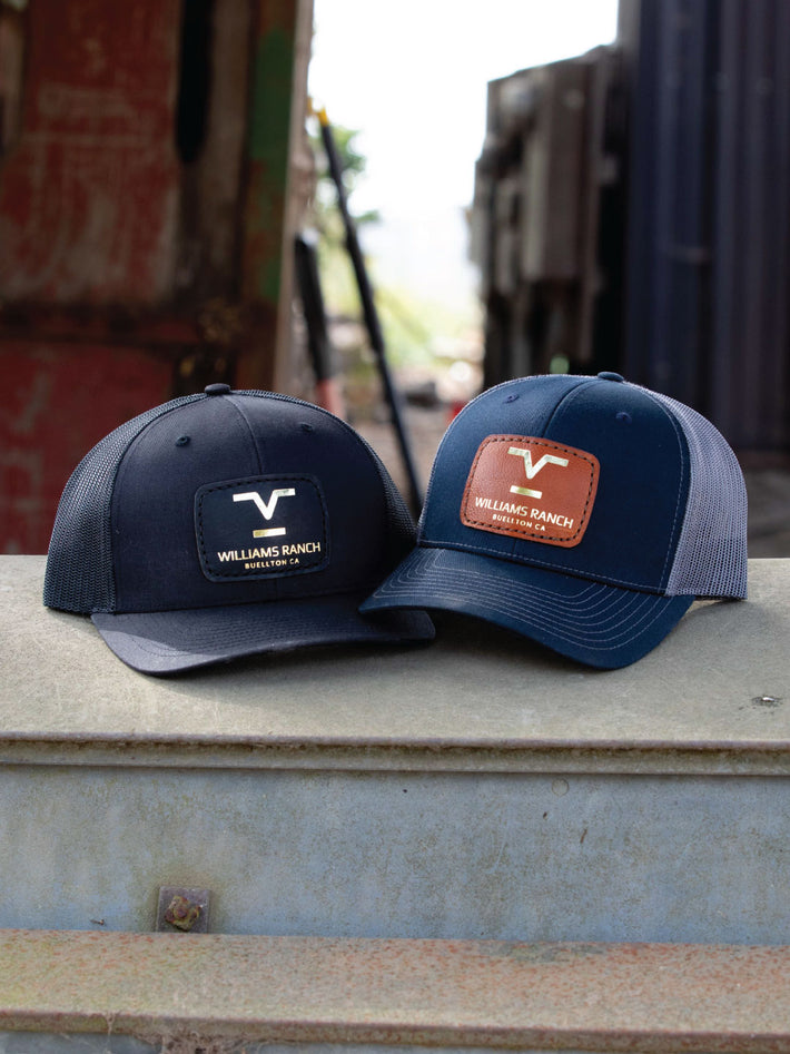 Williams Ranch custom hats with gold foil on black leather and chestnut leather